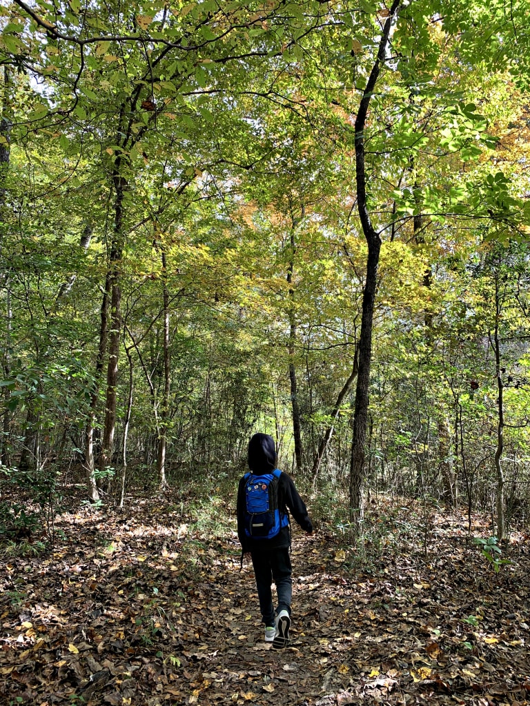 The back of a boy as he walks on a trail in Atlanta.