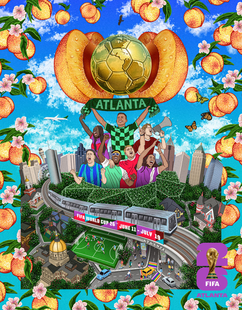 Atlanta World Cup Host Committee and FIFA Unveil Atlanta’s Official Host City Poster for the FIFA World Cup 2026™ 1 Illustration of Atlanta skyline with soccer fans, FIFA World Cup trophy, and peach motif in Atlanta, Georgia.