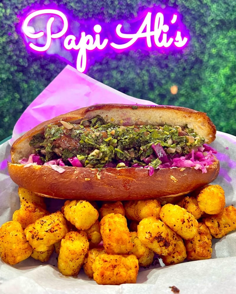 A vibrant sub sandwich on a tray next to seasoned tator tots, in front of a neon Papi Ali's sign.