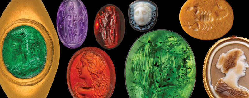 Eight ancient gemstones.