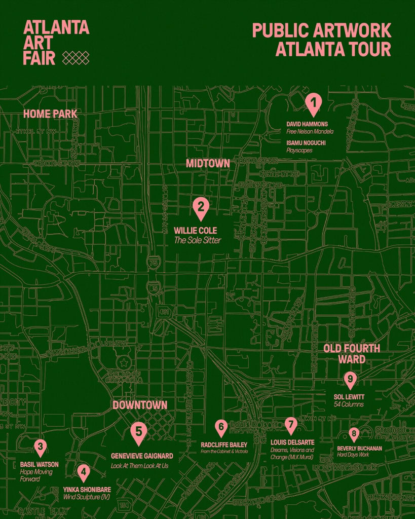 A green map of Atlanta with pink pins marking public art installations in Atlanta, Georgia.