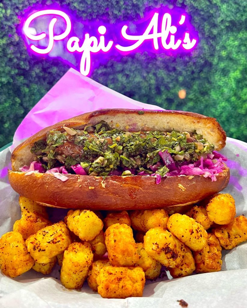 A vibrant sub sandwich on a tray next to seasoned tator tots, in front of a neon Papi Ali's sign.