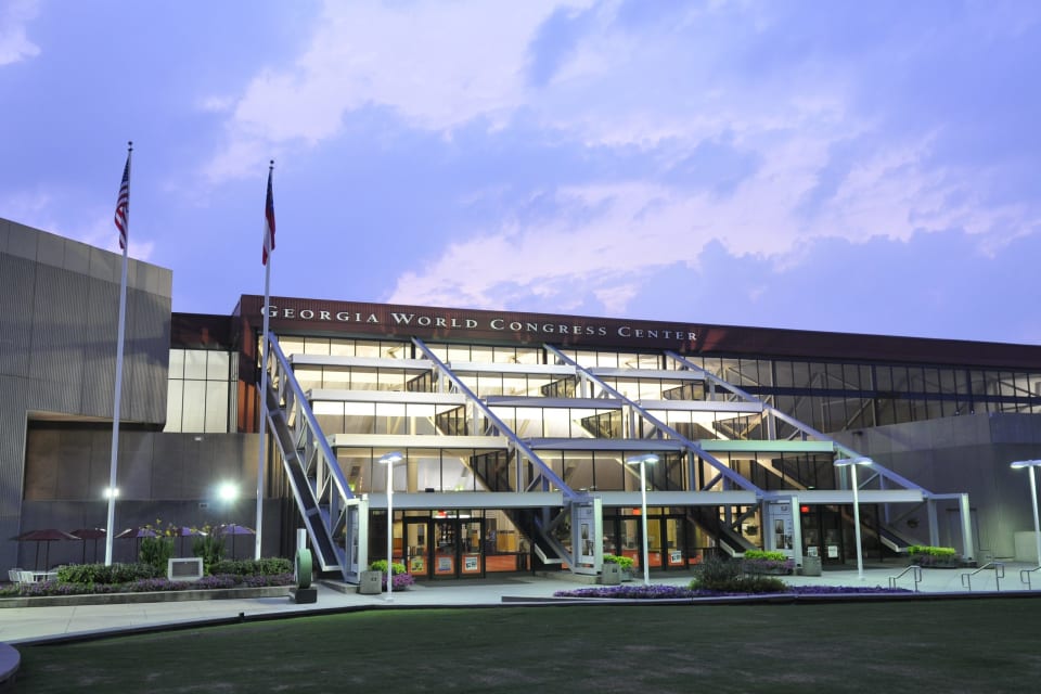 Exterior view of Georgia World Congress Center at dusk.