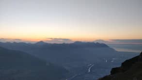 Dent de Morcles - Climbing the Grande Dent de Morcles - Sunset over the Rhone Valley as seen from the dining room in the cabane