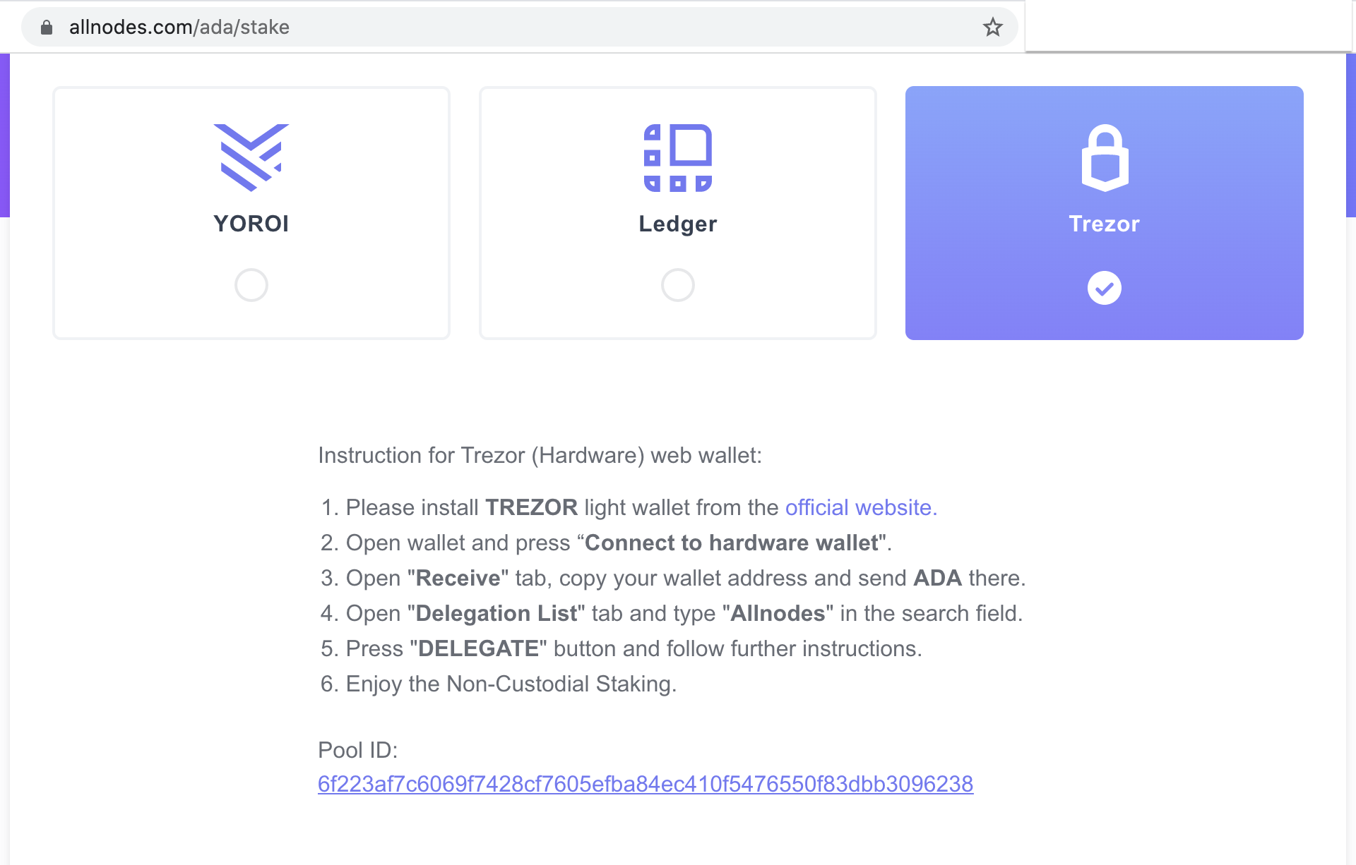 ADA Trezor staking set up allnodes