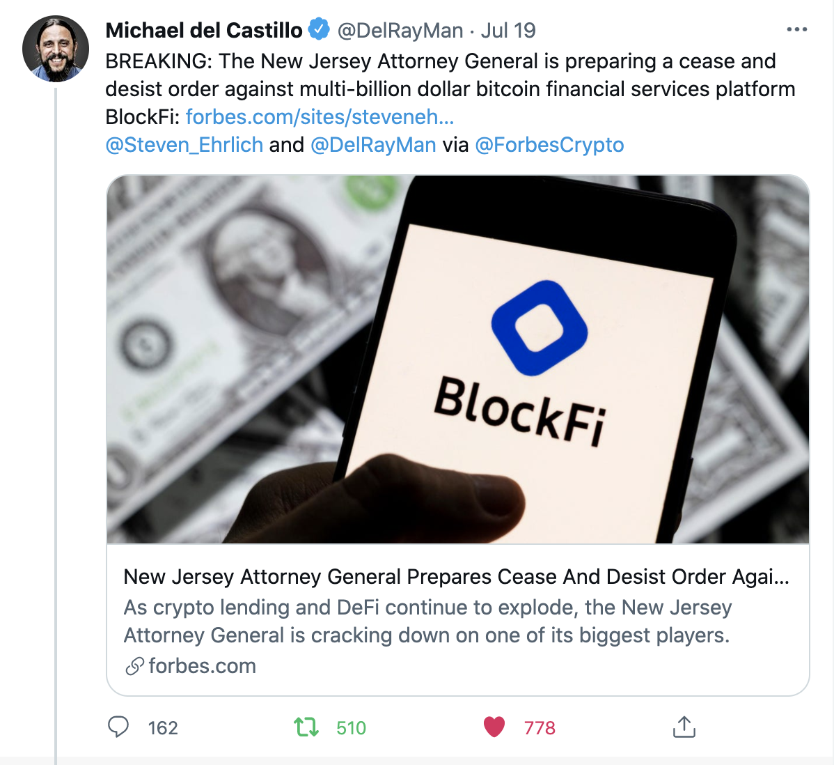 BlockFi getting cease and desist order in July 2021