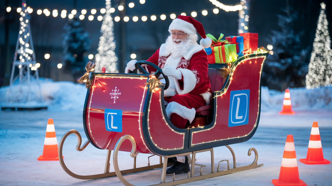 Ježíšek sedící na saních upravených jako auto autoškoly, s L-kami a vánoční výzdobou.