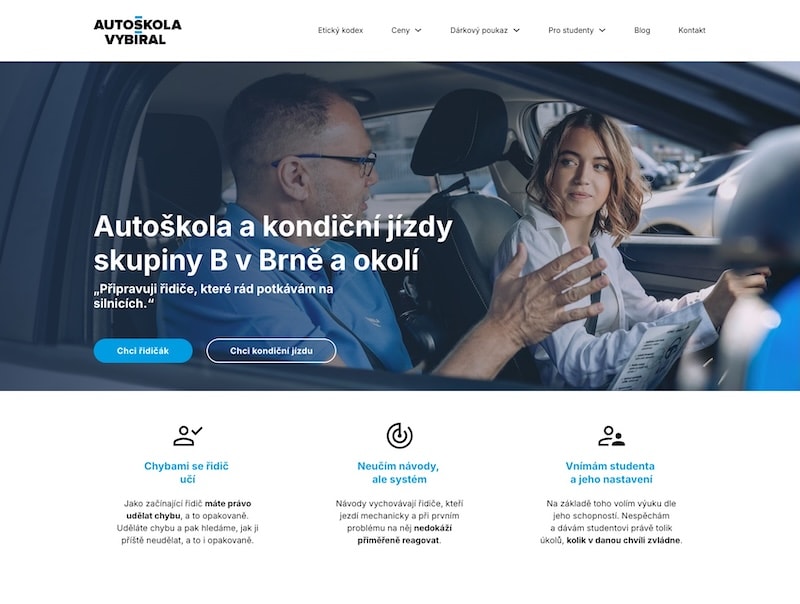 Náhled nové domovské stránky Autoškoly Vybíral spuštěné 1. dubna 2025