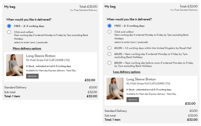 Clear delivery costs and expectations on the Boden website