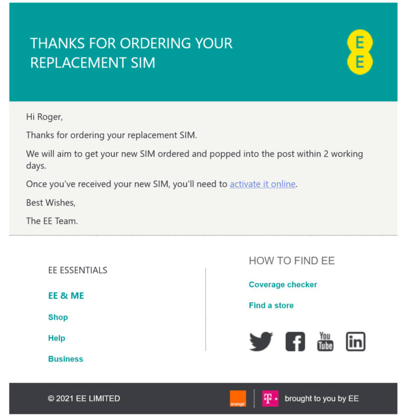An email from EE thanking the customer for their order