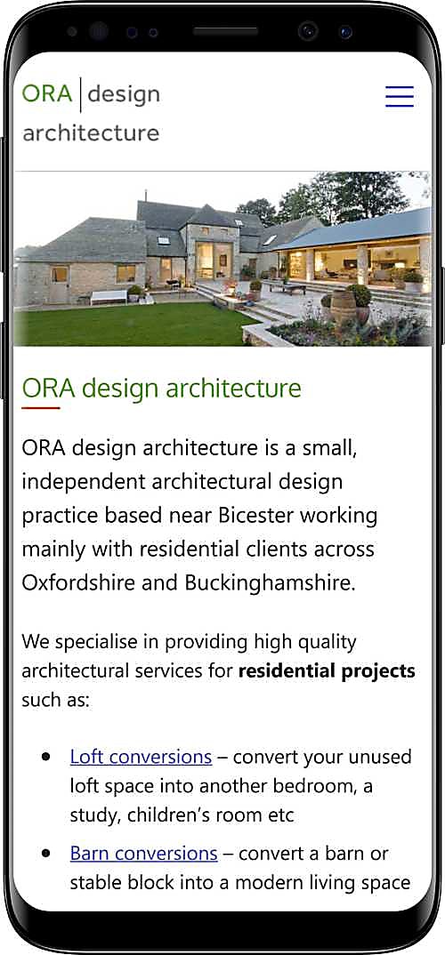 Ora Design Architecture, Oxfordshire - mobile version of site