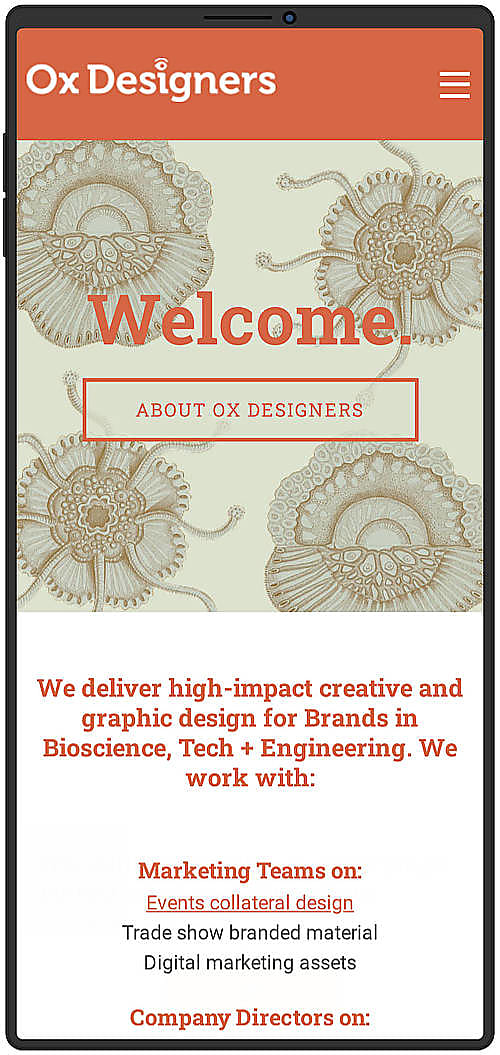 Ox Designers - specialist graphic design for STEM companies - mobile version of site