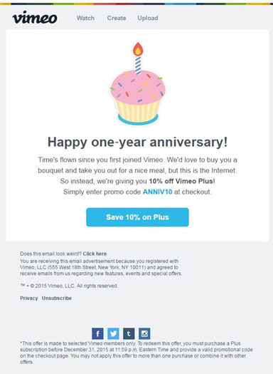 Ecommerce email from Vimeo at one year anniversary of subscription