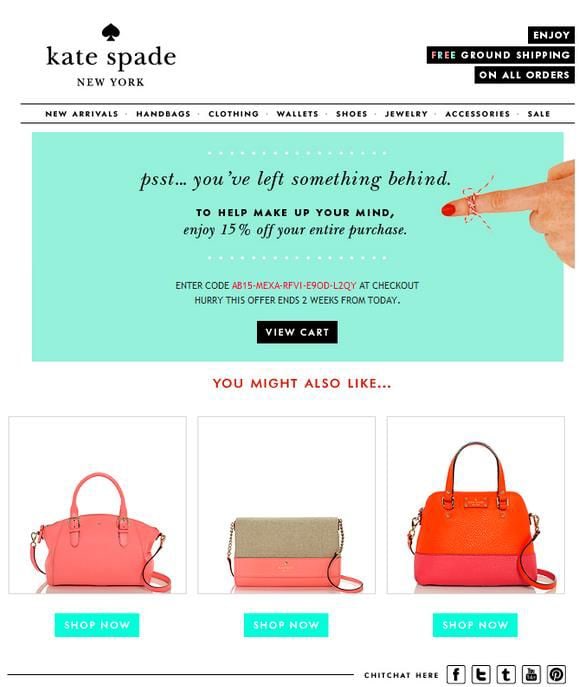 An abandoned cart email from Kate Spade