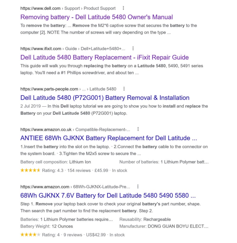 Google search results page for Dell battery replacement showing the importance of content angle 