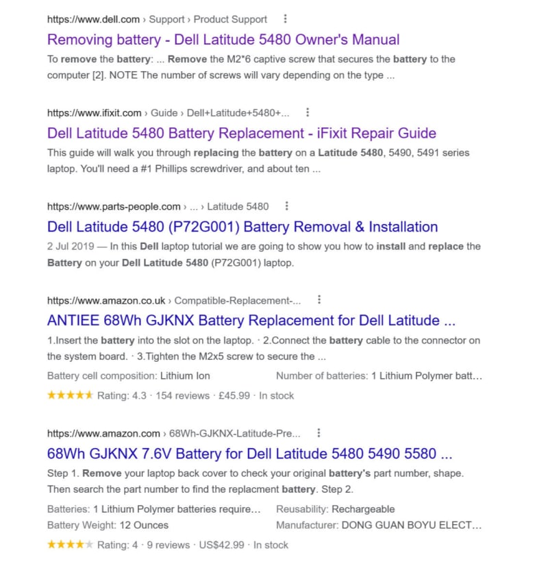 Google search results page for Dell battery replacement showing the importance of content angle.