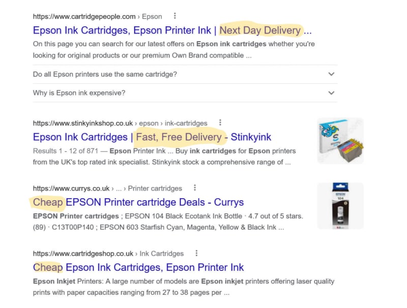 Google search results page for Epson print cartridges showing the importance of the content angle as part of the search intent