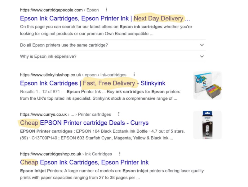 Google search results page for Epson print cartridges showing the importance of the content angle as part of the search intent.