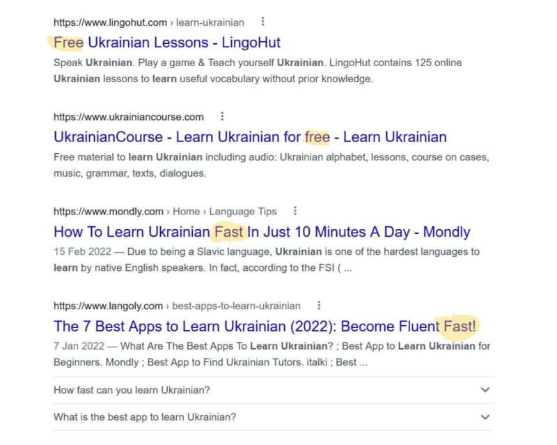 Google search results page for learn Ukrainian showing the importance of getting the content angle right as part of the search intent