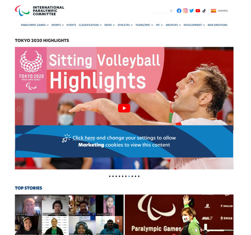 Paralympics website - home page showing good example of accessible website.