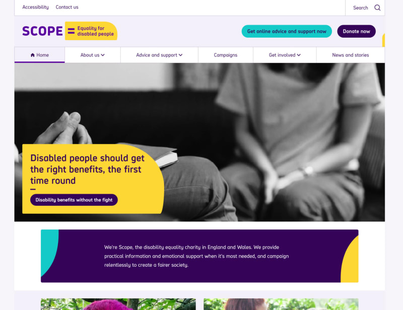 Disability website - Scope - home page showing good example of accessible website.