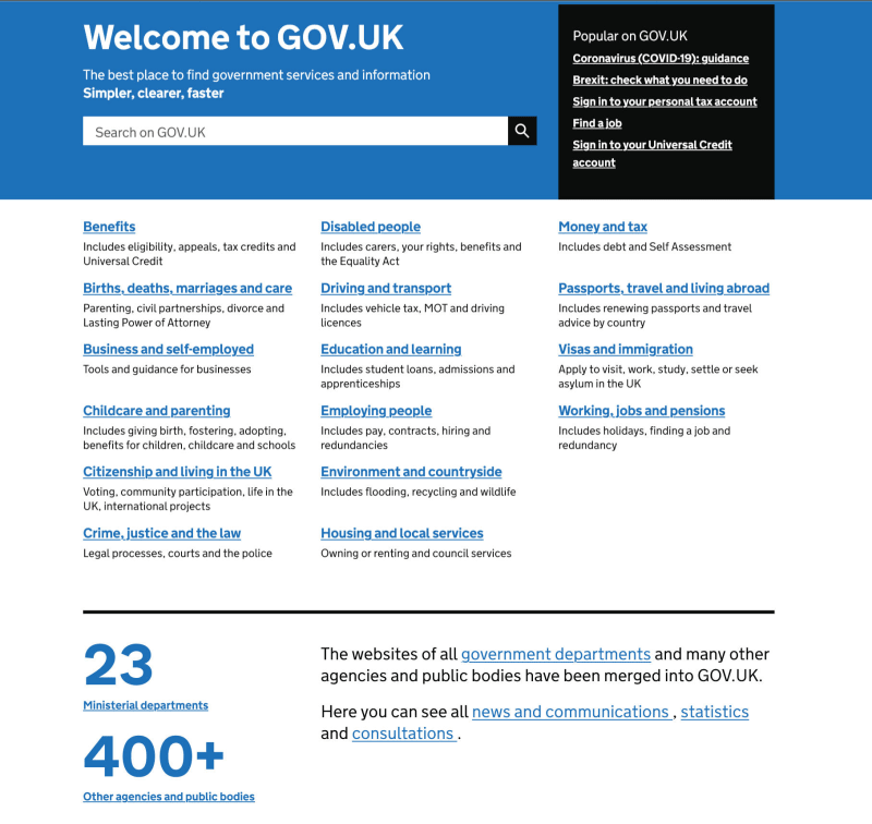 UK Government website home page showing good example of accessible website.