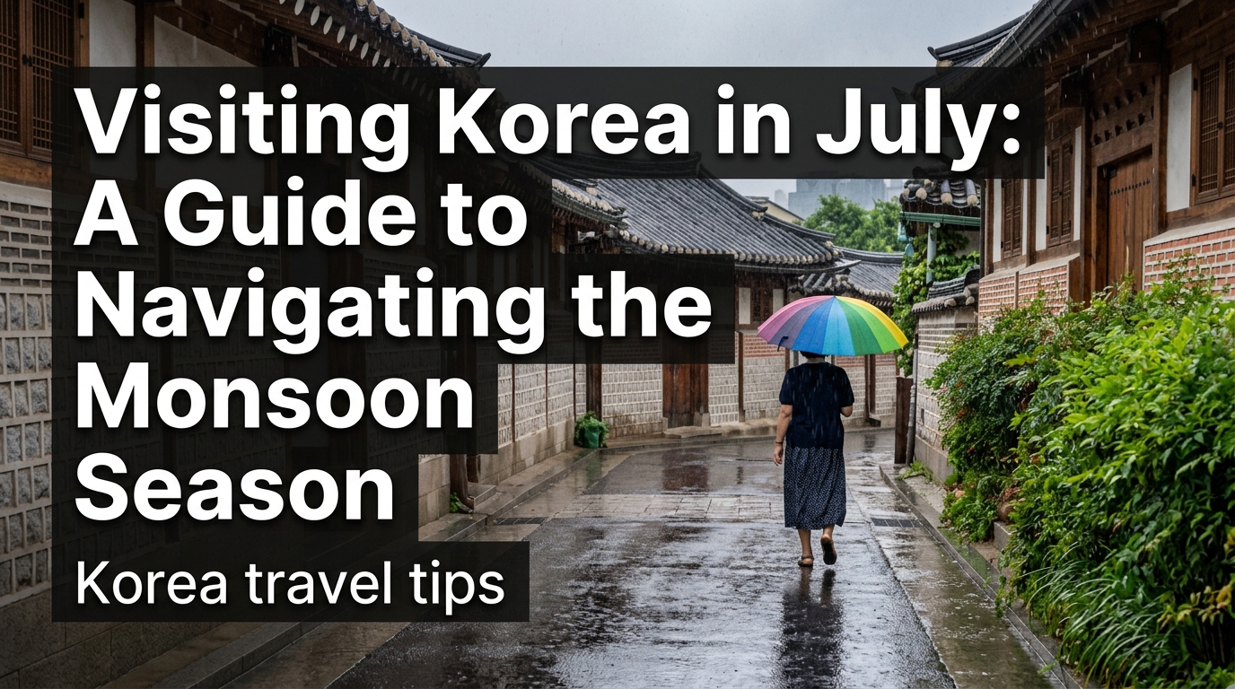 Rainy street scene in Seoul during the summer monsoon season.