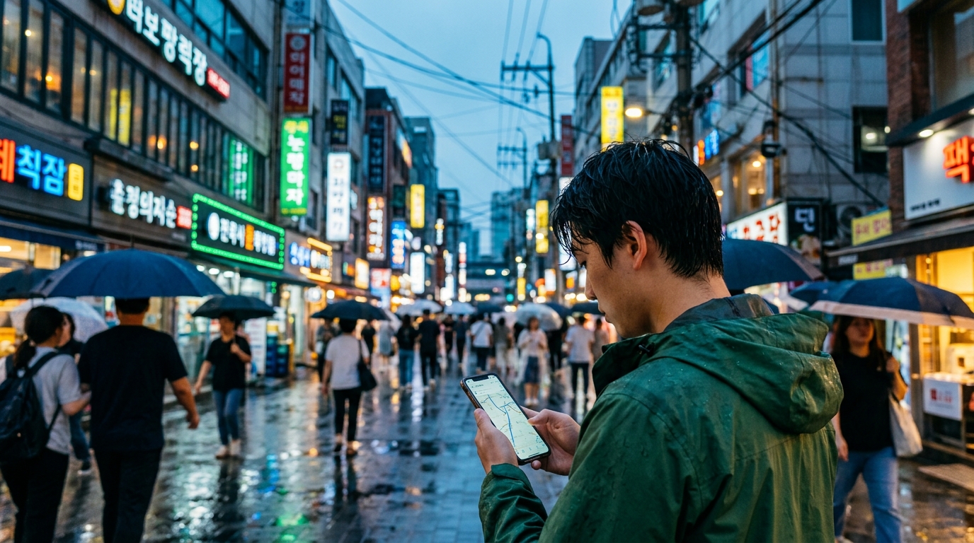 A traveler using a navigation app on a busy street in Seoul.