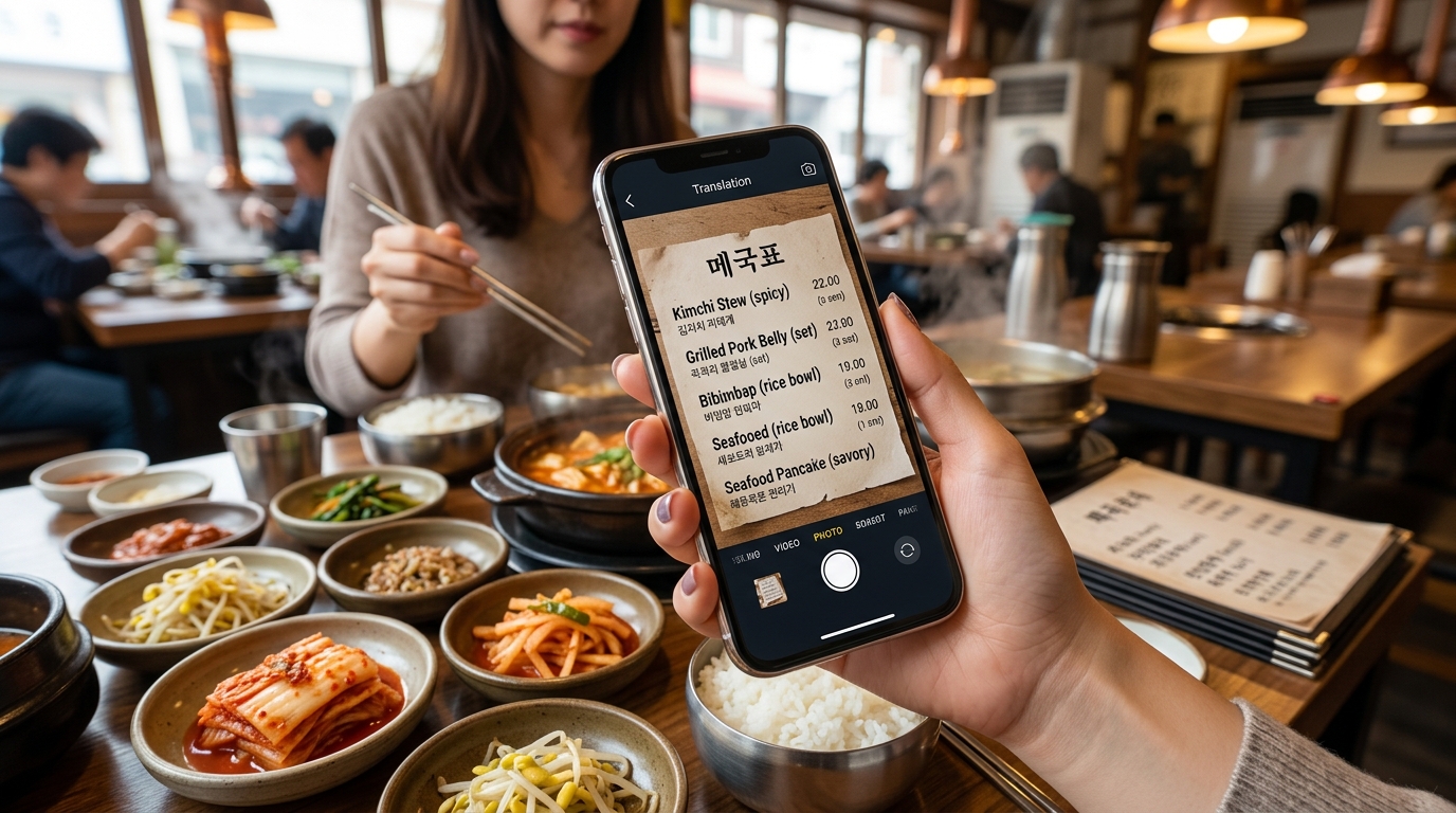 Using a translation app to read a Korean menu.
