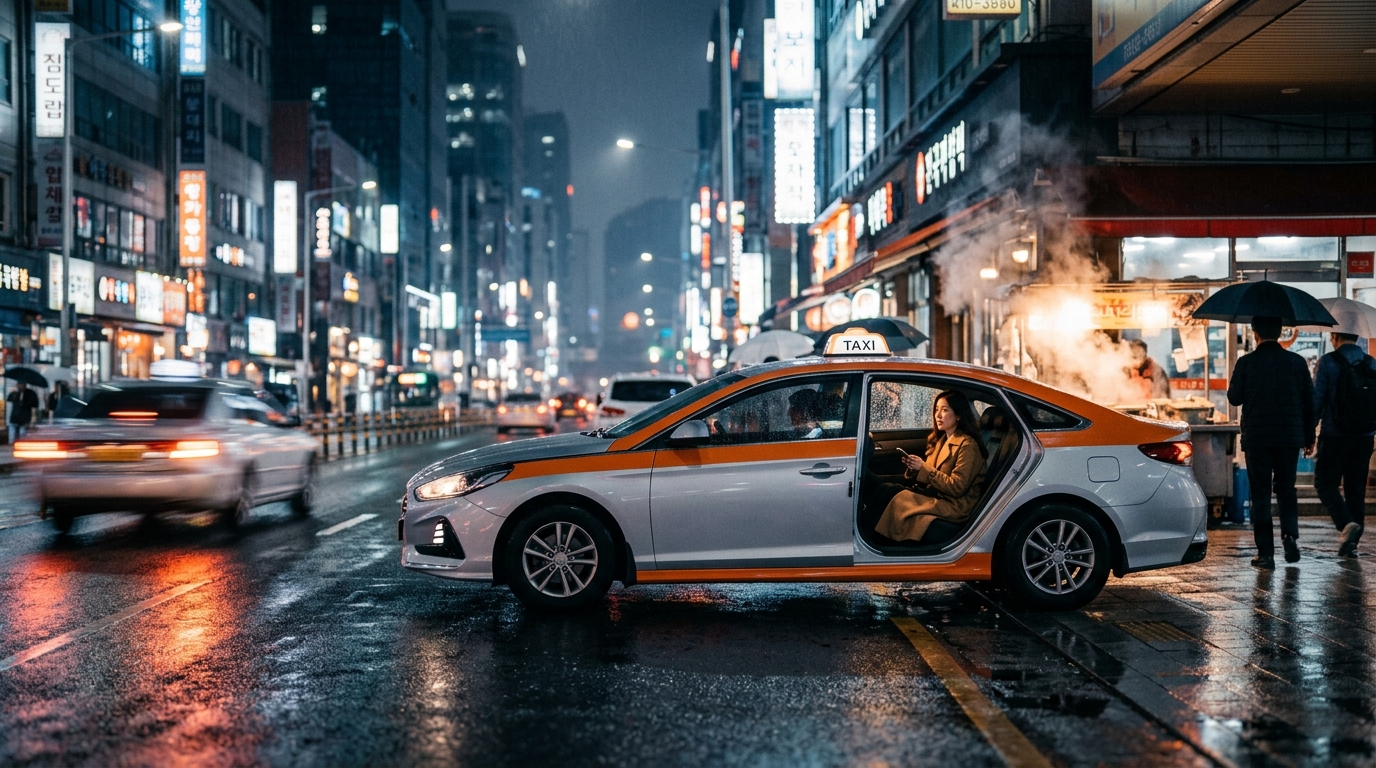 A taxi waiting on a street in South Korea.