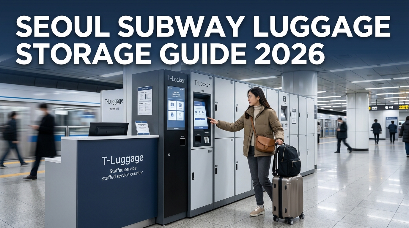Digital luggage lockers in a clean Seoul subway station.