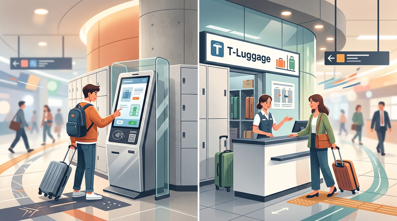 Subway locker area showing digital vs staffed options.