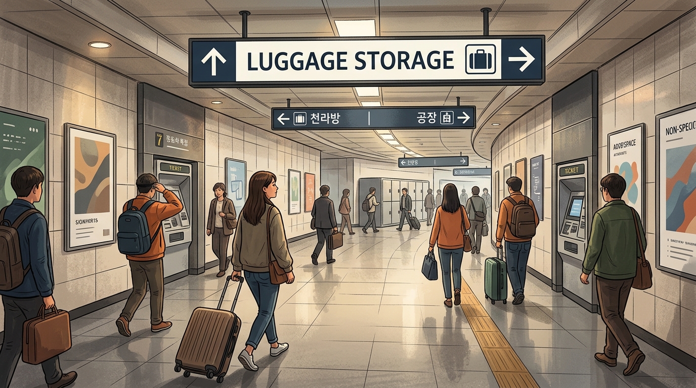 Signage in a Seoul station pointing toward luggage lockers.