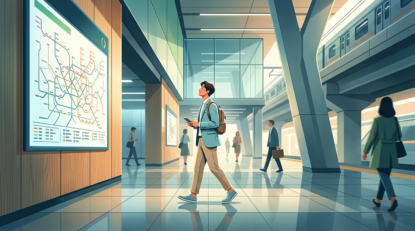 A happy traveler in a Seoul station without luggage.