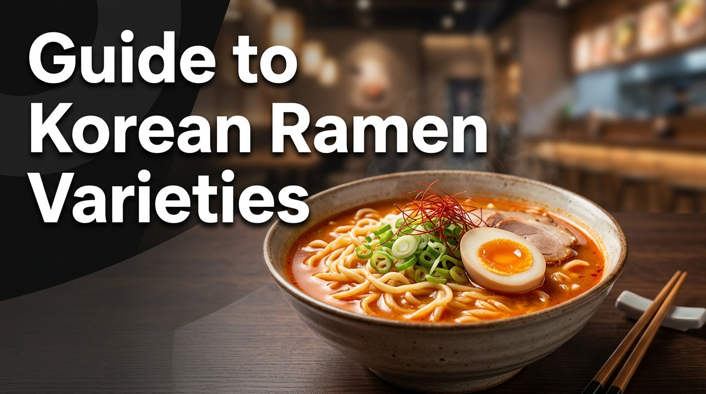 Various Korean instant ramen packages including Shin Ramyun, Jin Ramen, and Buldak.