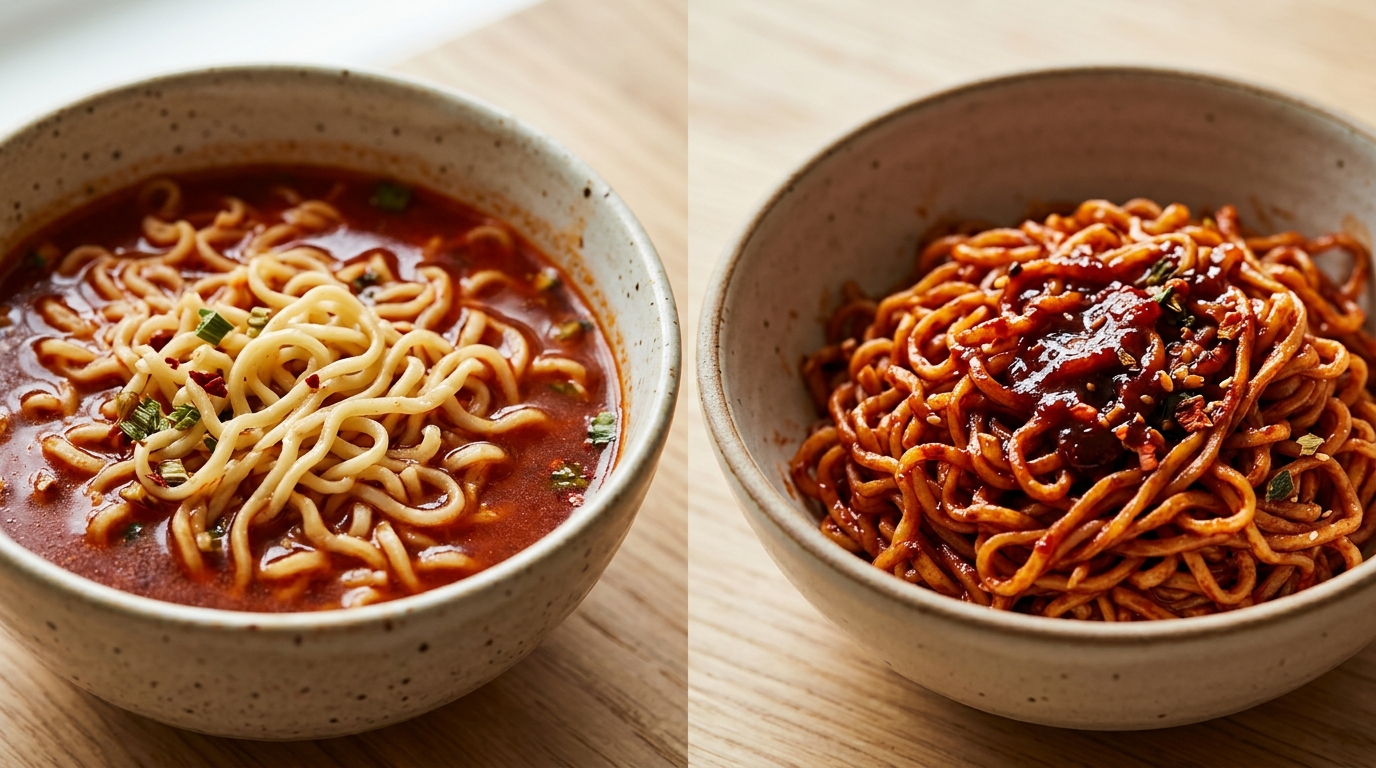 Comparison of soup-based ramen versus dry stir-fry ramen noodles.