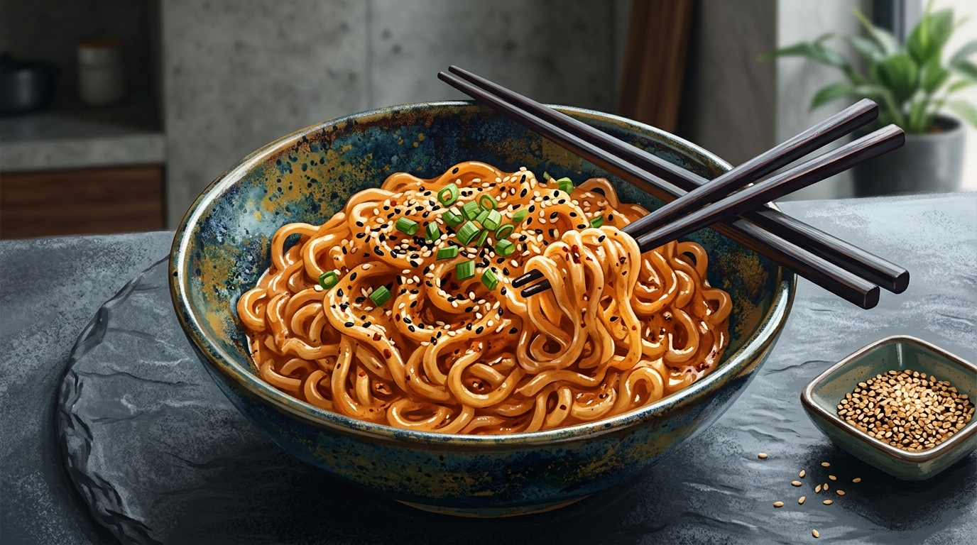 A prepared bowl of creamy stir-fry Korean noodles.