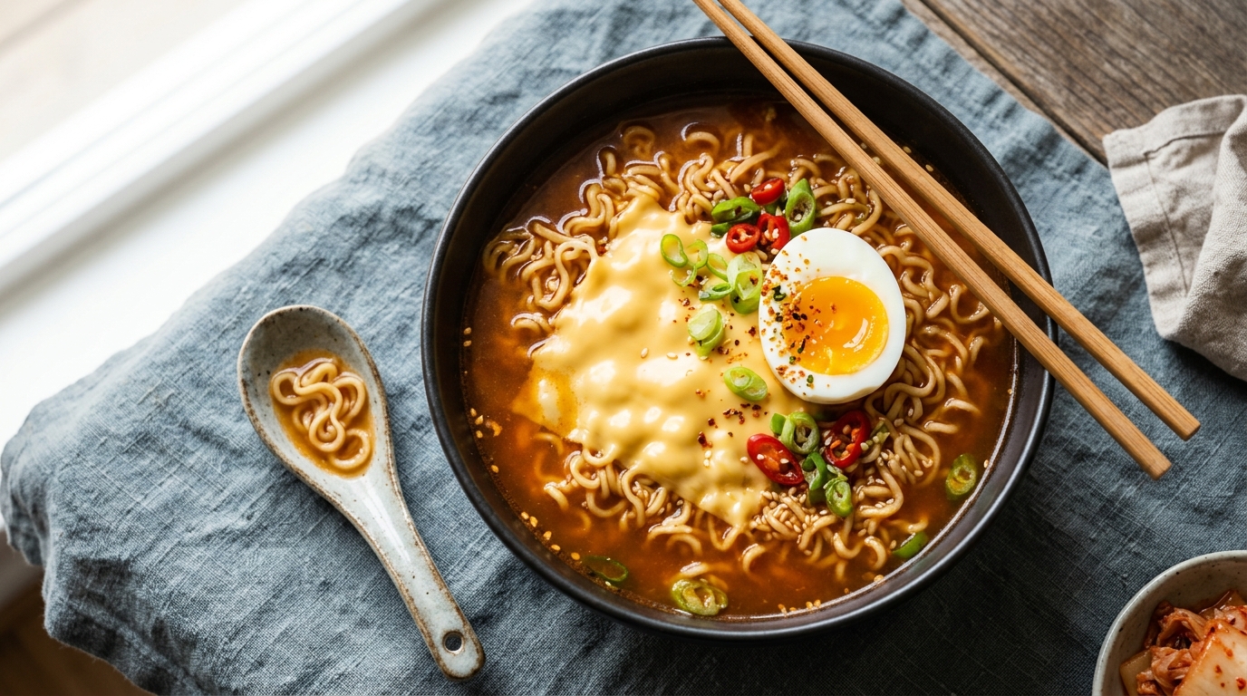 A bowl of Korean ramen topped with egg and cheese.