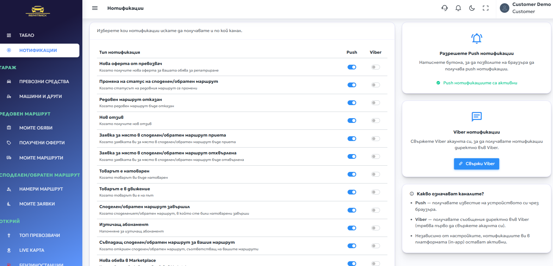 Настройки за нотификации — Push и Viber
