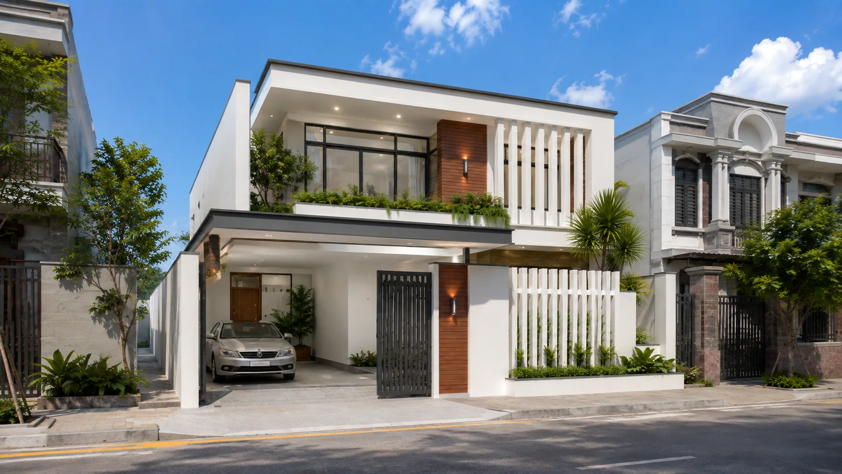 Nhà phố 2 tầng hiện đại mái bằng có gara và ban công xanh