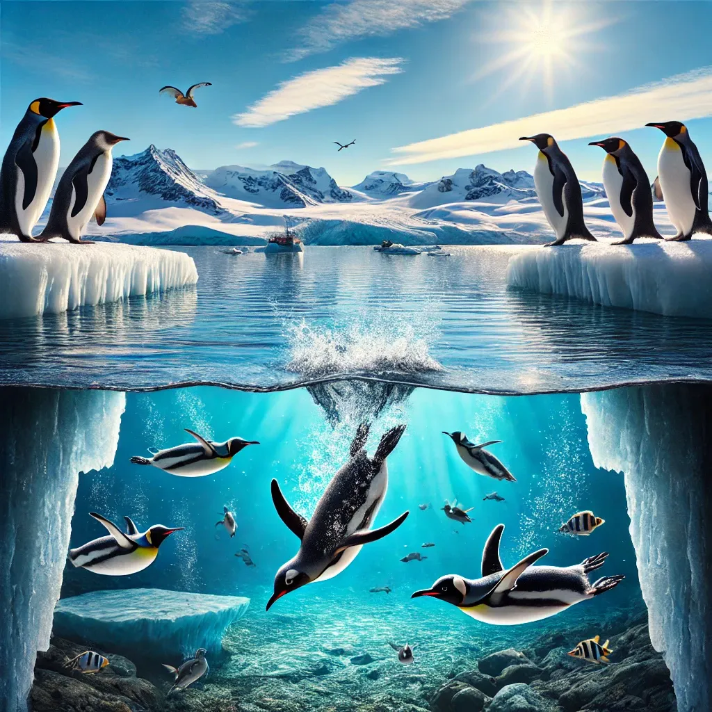 DALL E_2025_02_28_13_09_49_A_realistic_photo_of_a_group_of_penguins_diving_into_the_water_from_an_icy_ledge_The_background_features_a_beautiful_natural_landscape_with_clear_blu