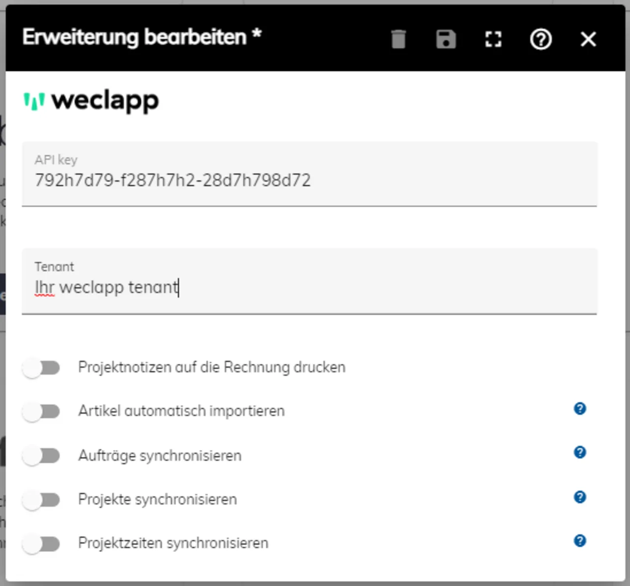 weclapp Verbindungseinstellungen