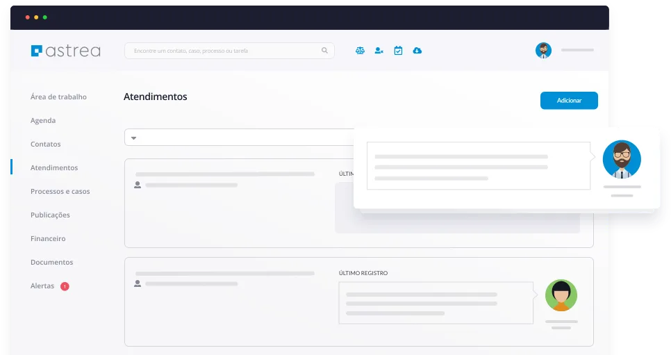 Tela de atendimentos do software jurídico Astrea