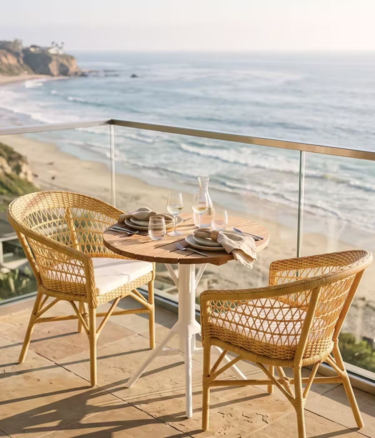 Image of a round wood bistro table with two wicker chairs, white cushions, and elegant place settings overlooking the ocean.