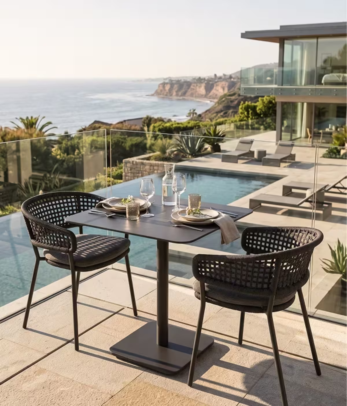 Image of a black woven bistro dining set with two place settings beside an infinity pool overlooking coastal cliffs and the ocean.