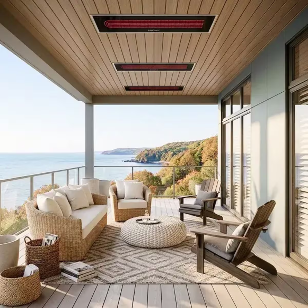 Recessed ceiling patio heaters above a covered coastal lounge with woven outdoor furniture.