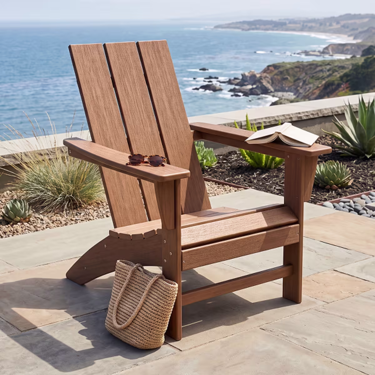 Brown Adirondack chair overlooking the ocean.
