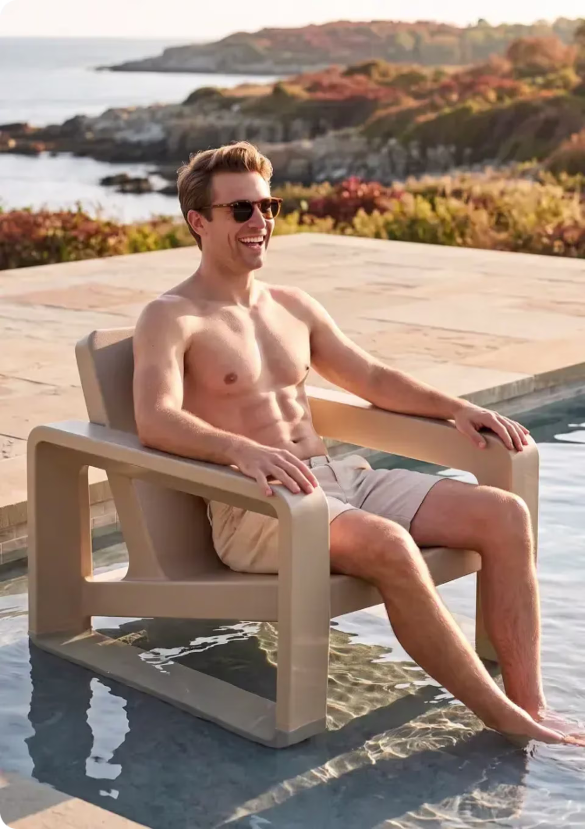 Man relaxing in a submerged in-pool lounge chair wearing sunglasses on a sunny afternoon.