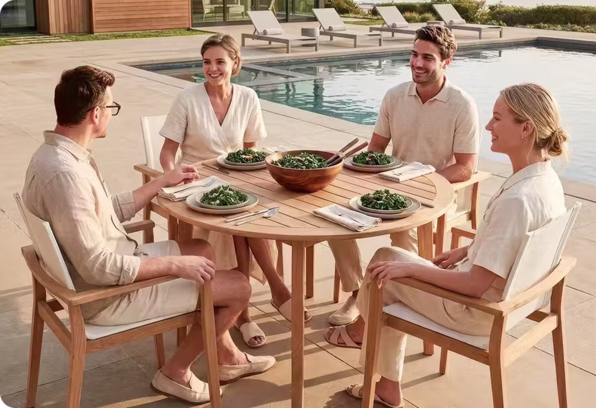 Four adults dining together at a contemporary round outdoor dining table beside a pool. image