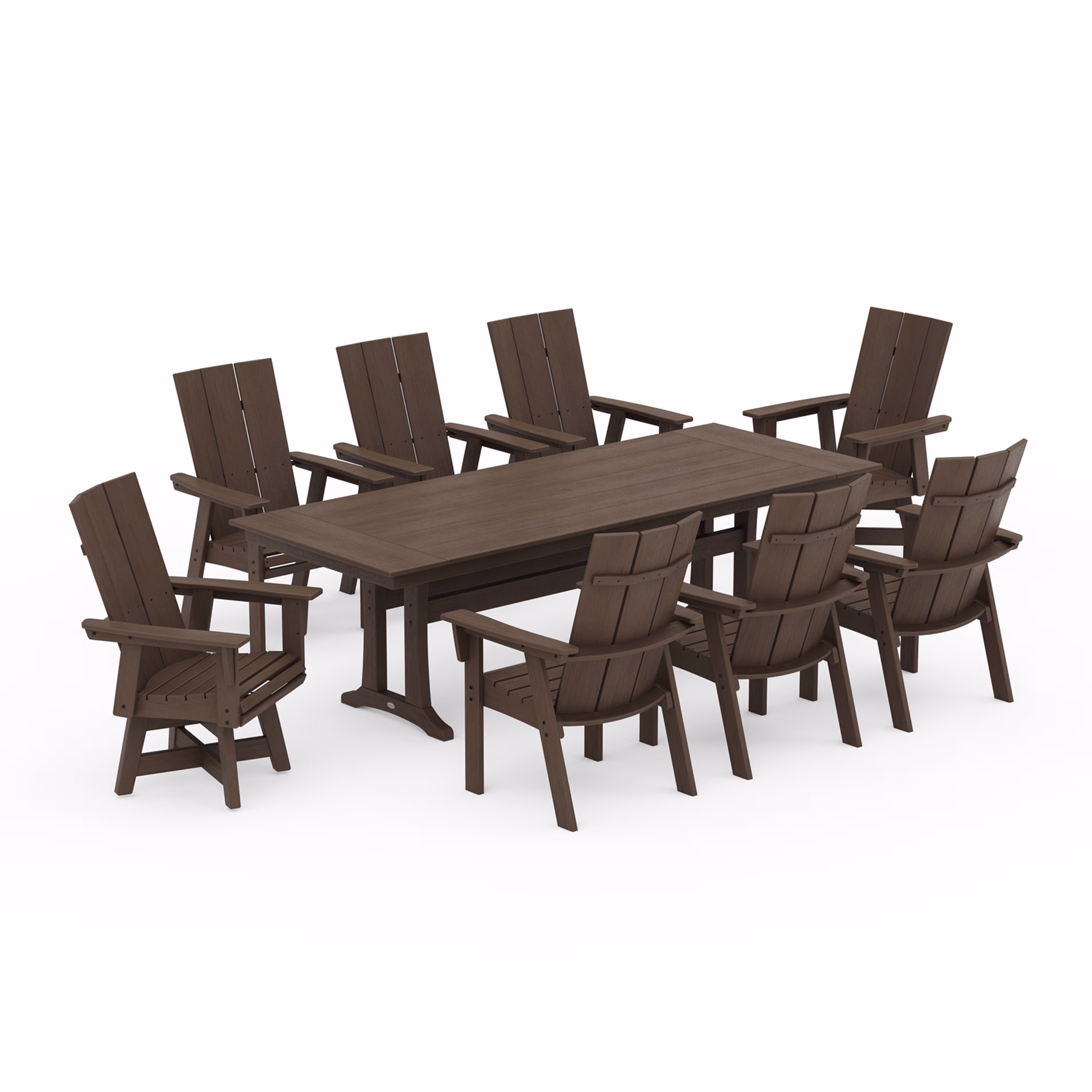 Polywood Modern Curveback Adirondack Swivel 9-Piece Farmhouse Dining Set with Trestle Legs